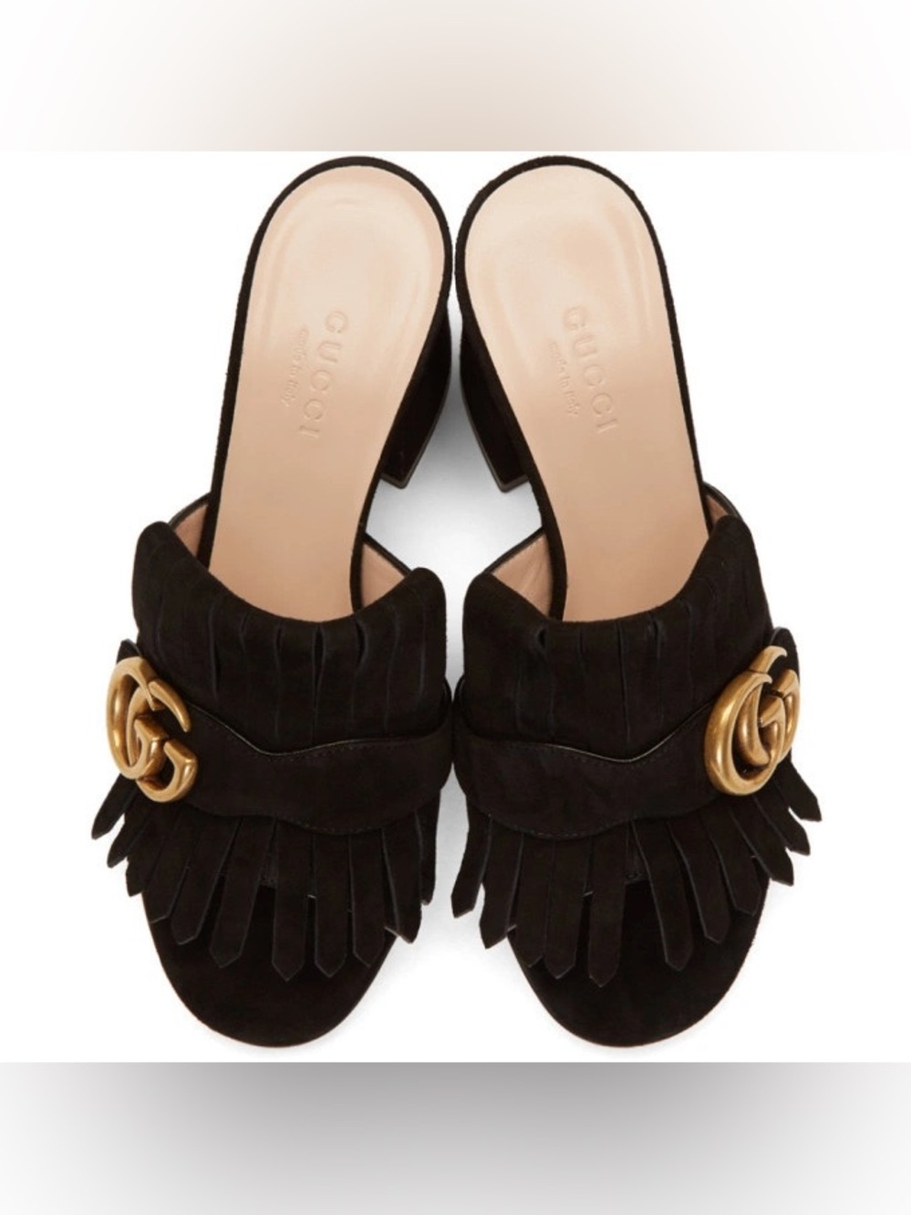 Gucci Marmont Black Suede Fringe Mules with Gold GG Hardware